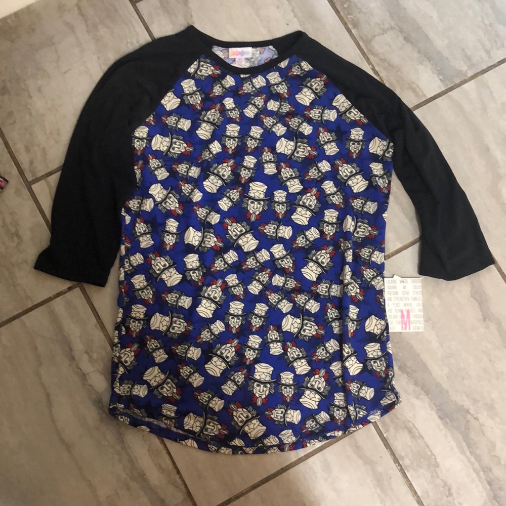 NWT LulaRoe Uncle Sam 4th of July Top Blue and Black Raglan Randy Womans Medium